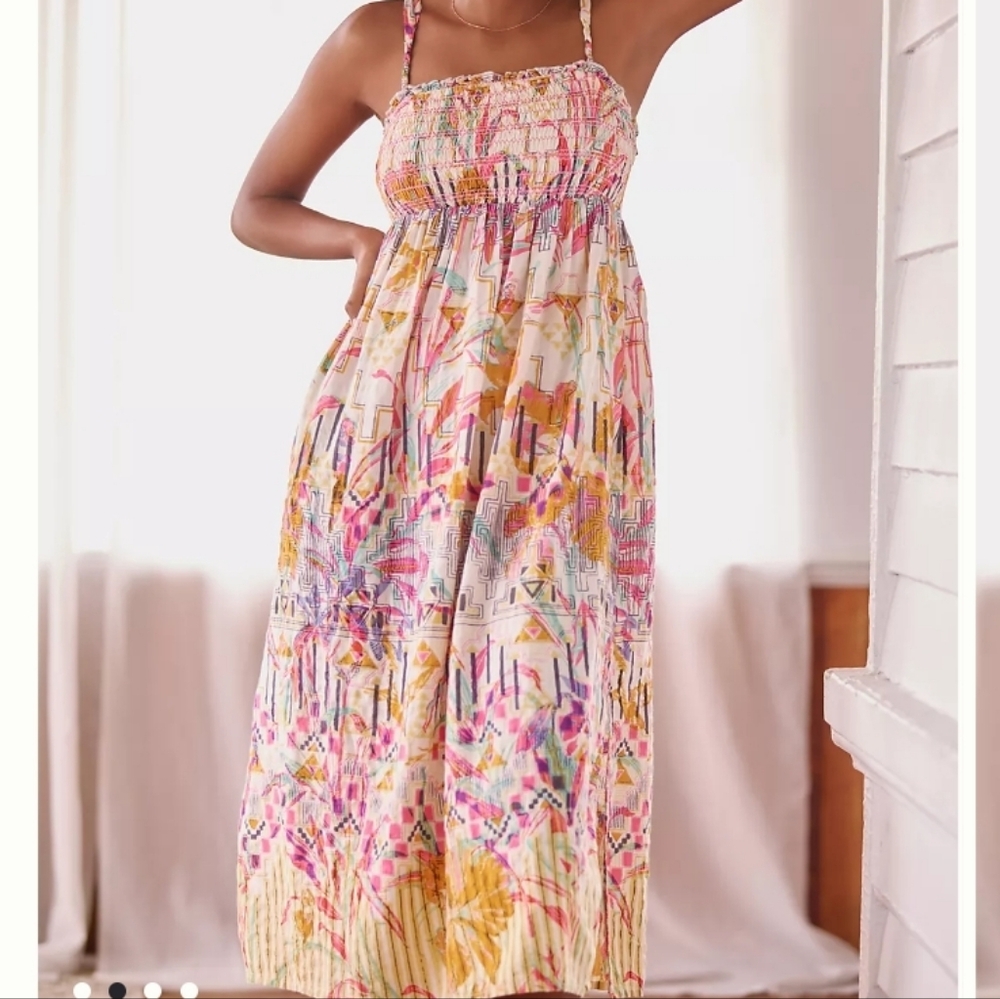 Anthropologie Smocked Cross-Strap Midi Dress SzL